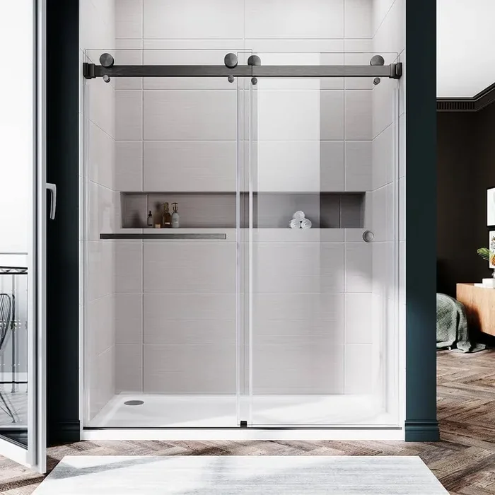 UKD01 56 to 60 in. W x 72 in. H Double Sliding Frameless Shower Door in Space Gray, EnduroShield 3/8 in. Clear Glass