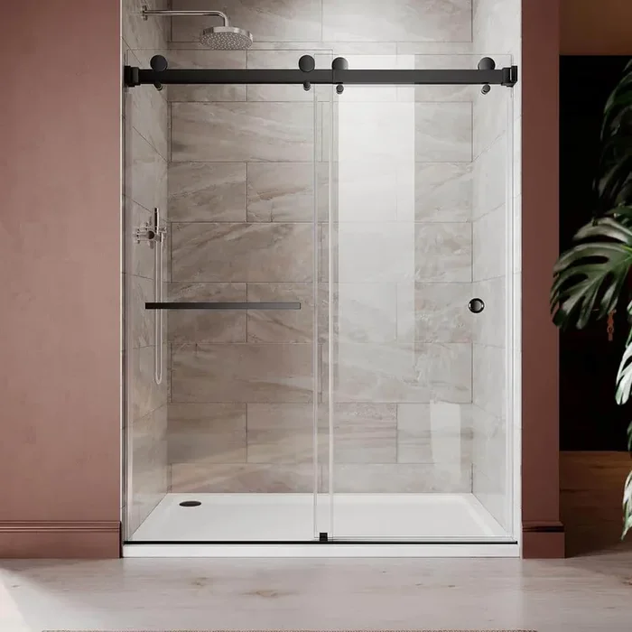 UKD01 56 to 60 in. W x 76 in. H Double Sliding Frameless Shower Door in Matte Black, EnduroShield 3/8 in. Clear Glass