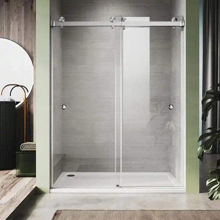 UKD01 56 to 60 in. W x 80 in. H Double Sliding Frameless Shower Door Brushed Nickel, Enduro Shield 3/8 in. Clear Glass