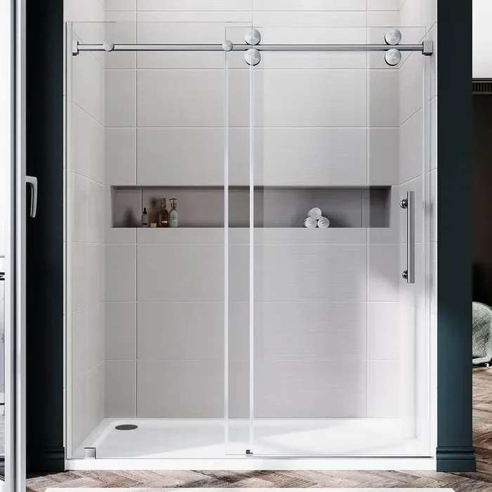 UKS04 61 to 65 in. W x 80 in. H U-Channel Sliding Frameless Shower Door Brushed Nickel, 3/8 in. EnduroShield Clear Glass