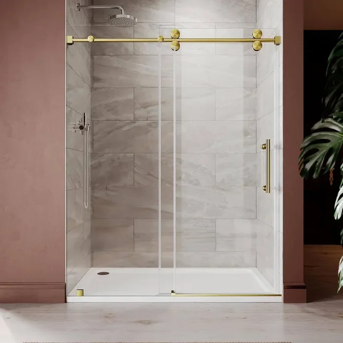UKS04 66 to 72 in. W x 76 in. H Sliding Frameless Shower Door in Satin Brass, EnduroShield 3/8 in. SGCC Clear Glass