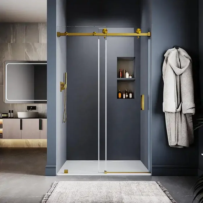 UKS05 46 to 49 in. W x 76 in. H Sliding Frameless Shower Door in Satin Brass, EnduroShield 3/8 in. SGCC Clear Glass
