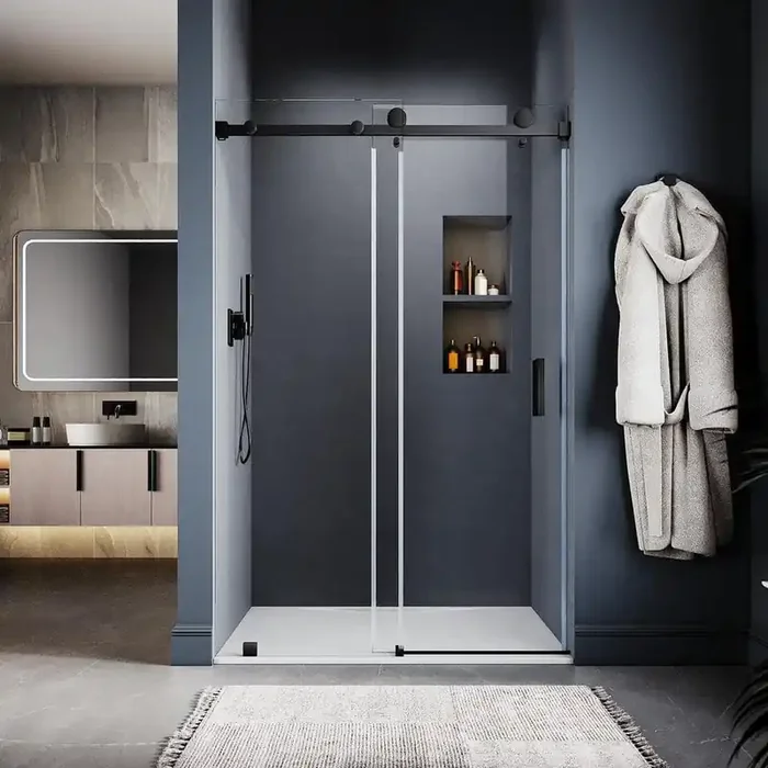 UKS05 46 to 49 in. W x 80 in. H Sliding Frameless Shower Door in Matte Black, EnduroShield 3/8 in. SGCC Clear Glass