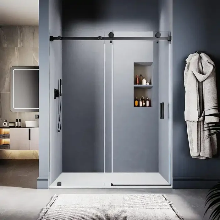 UKS05 56 to 60 in. W x 80 in. H Sliding Frameless Shower Door in Matte Black, EnduroShield 3/8 in. SGCC Clear Glass