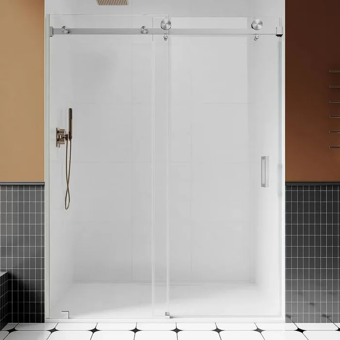 UKS05 61 to 65 in. W x 76 in. H U-Channel Sliding Frameless Shower Door Brushed Nickel, 3/8 in. EnduroShield Clear Glass