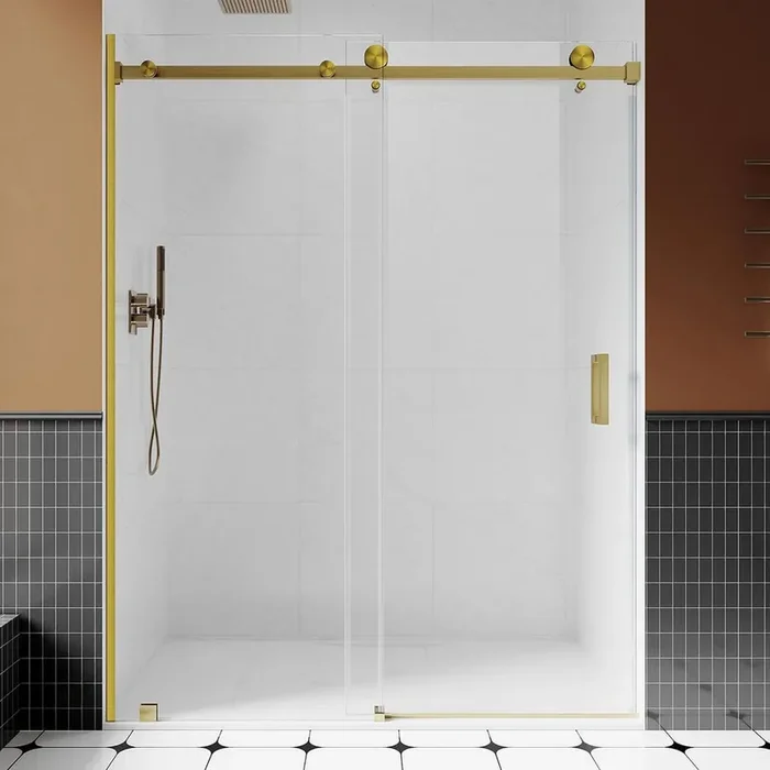 UKS05 61 to 65 in. W x 80 in. H U-Channel Sliding Frameless Shower Door in Satin Brass, EnduroShield 3/8 in. Clear Glass