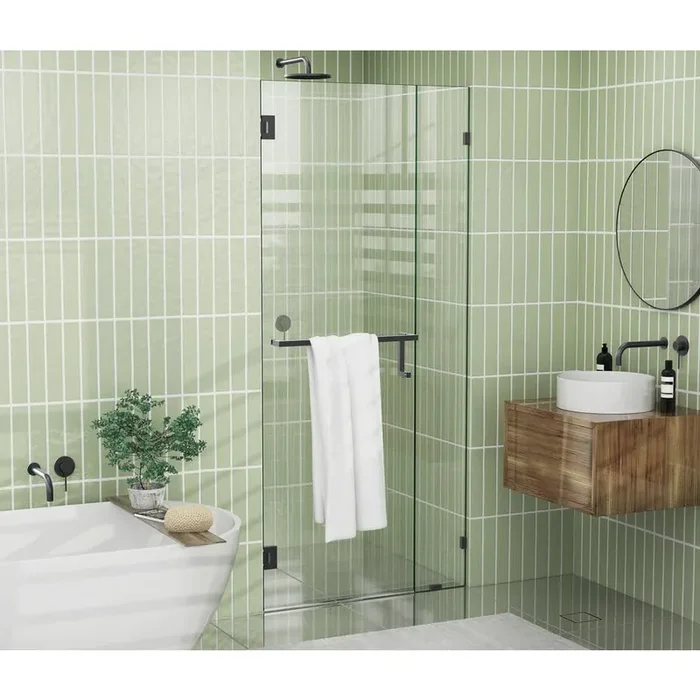 Umbra 44.5 in. W x 78 in. H Wall Hinged Frameless Towel Bar Shower Door in Matte Black with Clear Glass