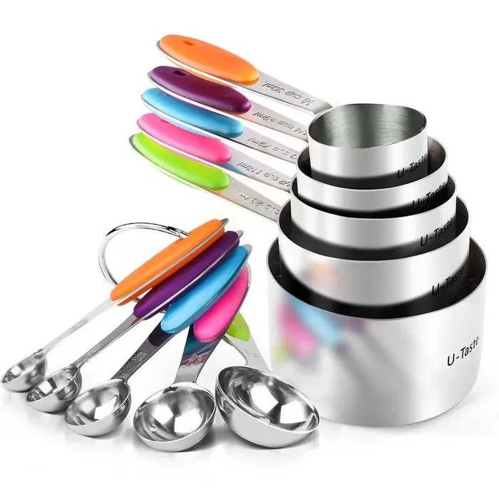 Upgraded 10-Piece Stainless Steel Multicolored Measuring Cup Set with Dishwasher Safe