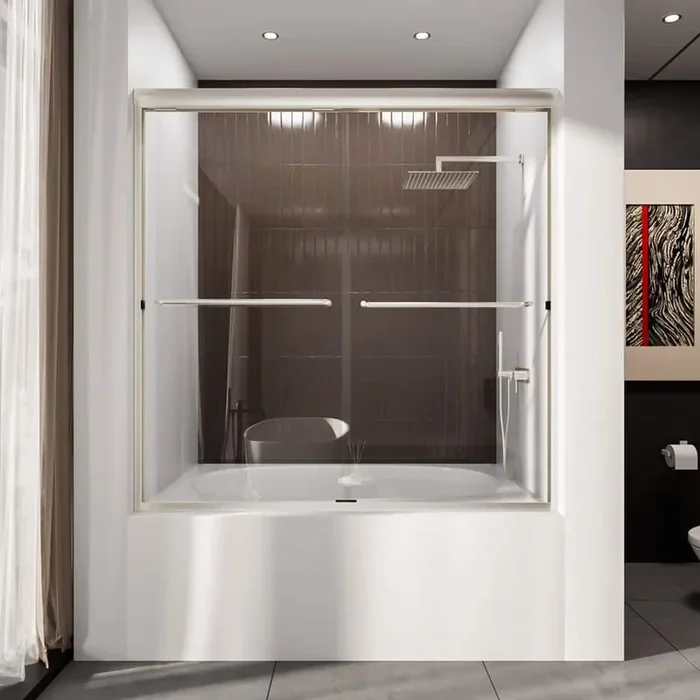 Victory 56 in. H x 60 in. W Sliding Semi-Frameless Tub Door in Brushed Nickel Finish with Clear Glass