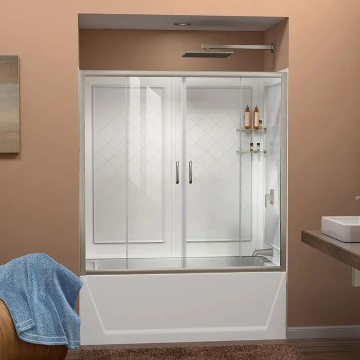 Visions 56-60 in. W x 28-32 in. D x 60 in. H Semi-Frameless Sliding Tub Door in Brushed Nickel with Backwalls