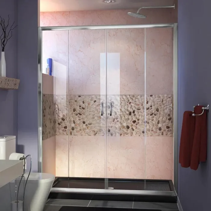 Visions 60 in. W x 34 in. D x 74-3/4 in. H Semi-Frameless Shower Door in Chrome with Black Base Center Drain