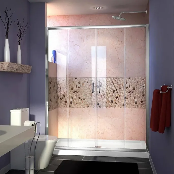 Visions 60 in. W x 34 in. D x 74-3/4 in. H Semi-Frameless Shower Door in Chrome with White Base Center Drain