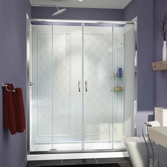 Visions 60 in. W x 34 in. D x 76-3/4 in. H Semi-Frameless Shower Door in Chrome with White Base and Backwalls