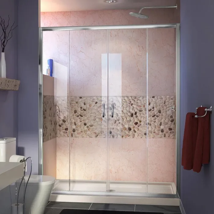 Visions 60 in. W x 36 in. D x 74-3/4 in. H Semi-Frameless Shower Door in Chrome with Biscuit Base Center Drain