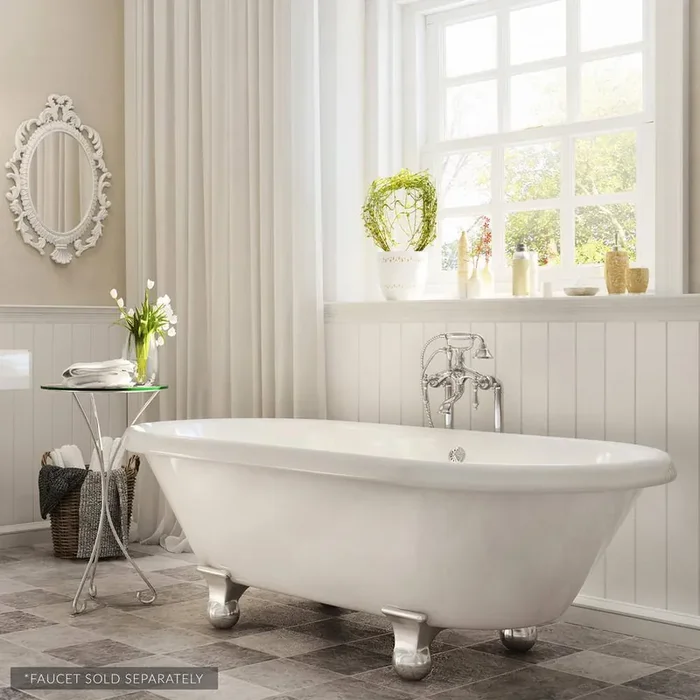 W-I-D-E Series Dalton 60 in. Acrylic Clawfoot Bathtub in White, Cannonball Feet, Drain in Polished Chrome