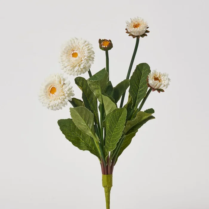 White Silk English Daisy Bush Bloom & Leaf Foliage Stem Bouquet – 14″