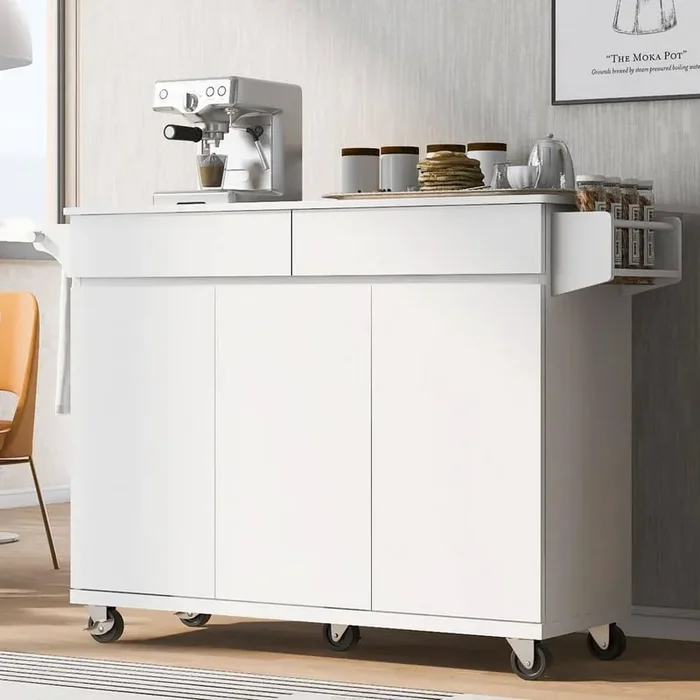 White Wood 53 in. Kitchen Island with Drop Leaf, Kitchen Storage Cart with Spice Rack, Rolling Kitchen Island on Wheel
