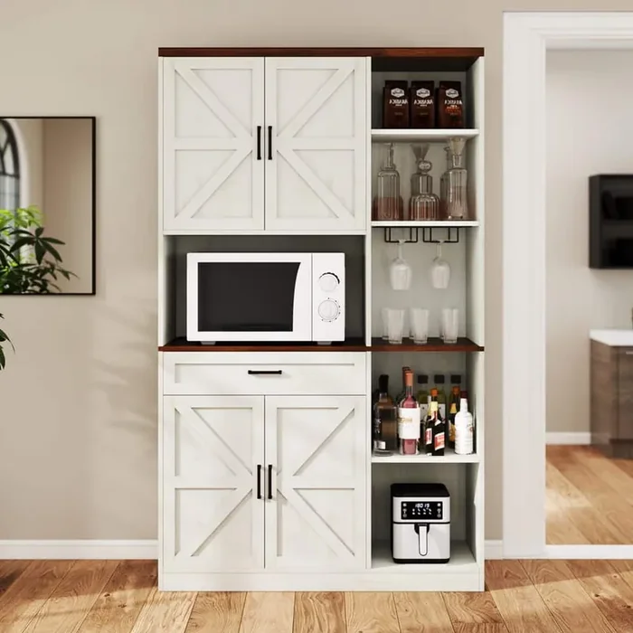 White Wood 71 in. Farmhouse Kitchen Pantry Organizer with Cabinet and Drawer, Kitchen Buffet with Hutch and Glass Holder
