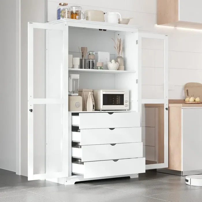 White Wood Kitchen Pantry Organizer, Storage Cabinet with Glass Doors