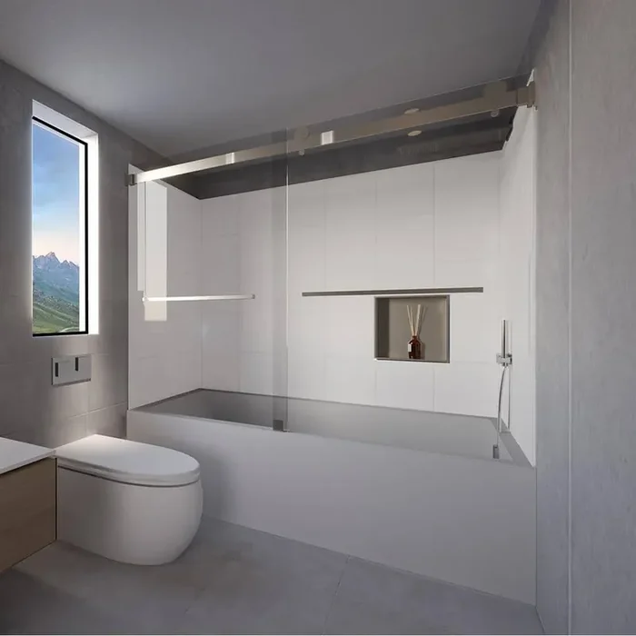 Winter White-Tetherow 60 in. L x 30 in. W x 83 in. H Rectangular Tub/ Shower Combo Unit in Brushed Nickel Right Drain