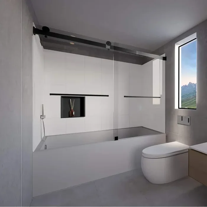Winter White-Tetherow 60 in. L x 30 in. W x 83 in. H Rectangular Tub/ Shower Combo Unit in Matte Black Left Drain