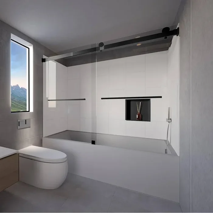 Winter White-Tetherow 60 in. L x 30 in. W x 83 in. H Rectangular Tub/ Shower Combo Unit Matte Black Right