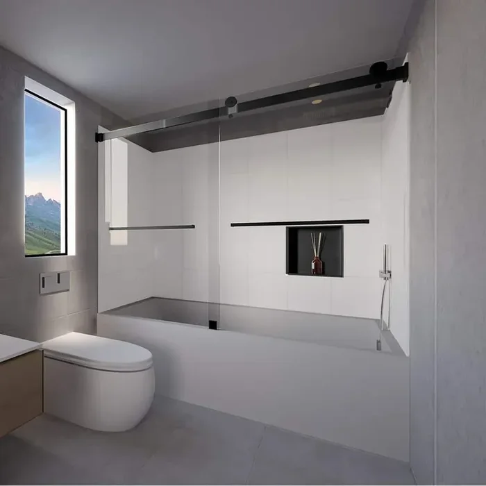Winter White-Tetherow 60 in. L x 36 in. W x 83 in. H Rectangular Tub/Shower Combo Unit in Matte Black Right Drain