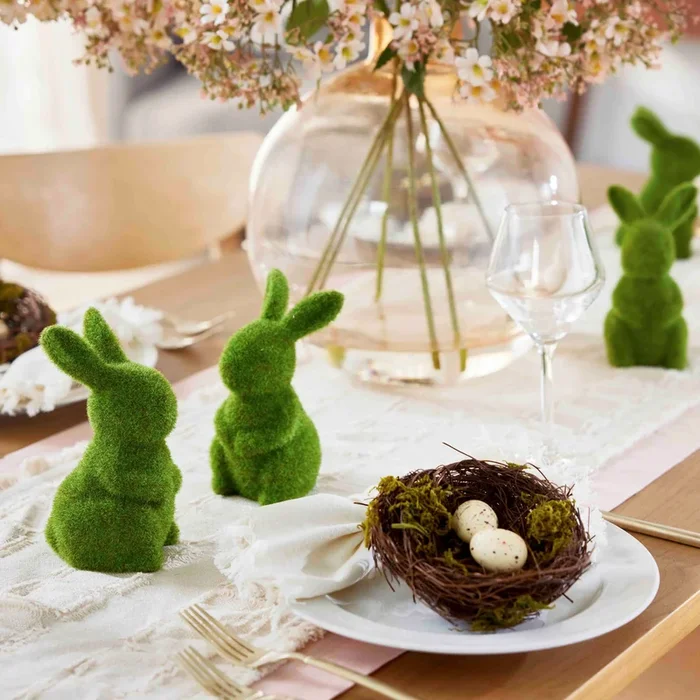 Woven Twig Bird Nest with Green Moss & Cream Colored Eggs Decorative Spring Easter Pick
