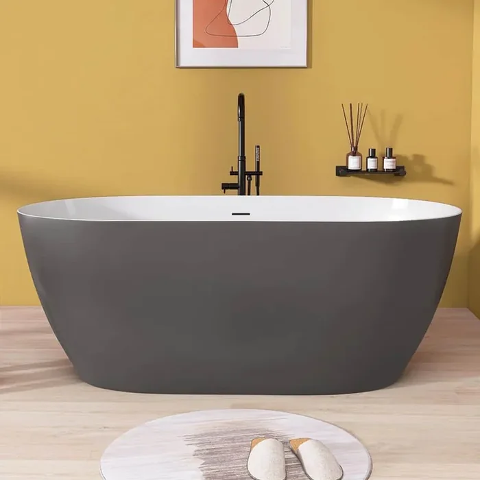 Yaz 59 in. x 29.5 in. Freestanding Soaking Bathtub Matte Gray Contemporary Stand Alone Acrylic Bathroom Tub Center Drain