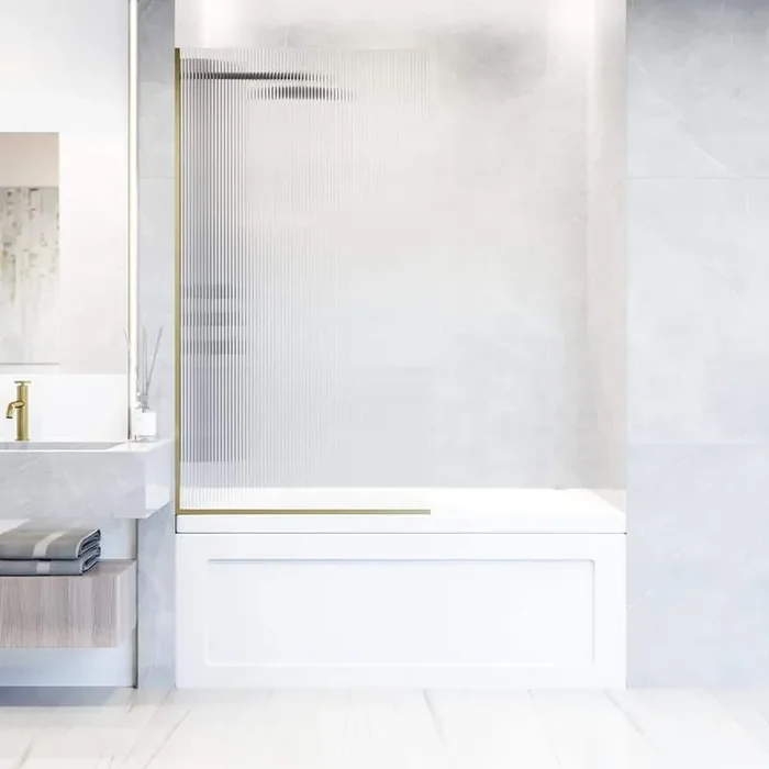 Zenith 34 in. W x 62 in. H Frameless Fixed Tub Screen Door in Matte Brushed Gold with 3/8 in. (10mm) Fluted Glass