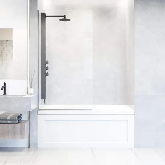 Zenith 34 in. W x 62 in. H Frameless Fixed Tub Screen Door in Stainless Steel with 3/8 in. (10mm) Clear Glass