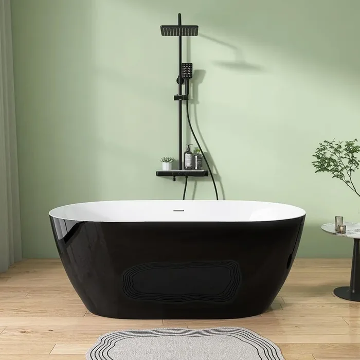 Zey 59 in. x 30 in. Acrylic Free Standing Soaking Tub Flatbottom Freestanding Bathtub with Pop-Up Drain in Glossy Black
